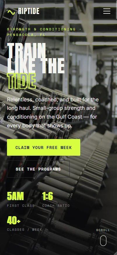 Phone showing the Riptide Strength & Conditioning mobile site, designed by DENLAM